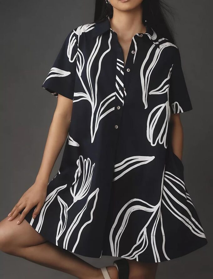 Short Sleeve Swing Tunic Mini Dress for Women Button Up Shirt Blouse Short Dress Summer Casual Flowy A Line Dress – Bild 2