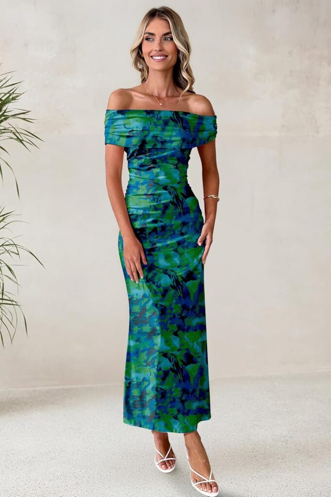 Women's Mesh Floral Maxi Dress 2025 Summer Off The Shoulder Ruched Bodycon Long Cocktail Party Fitted Dresses – Bild 6