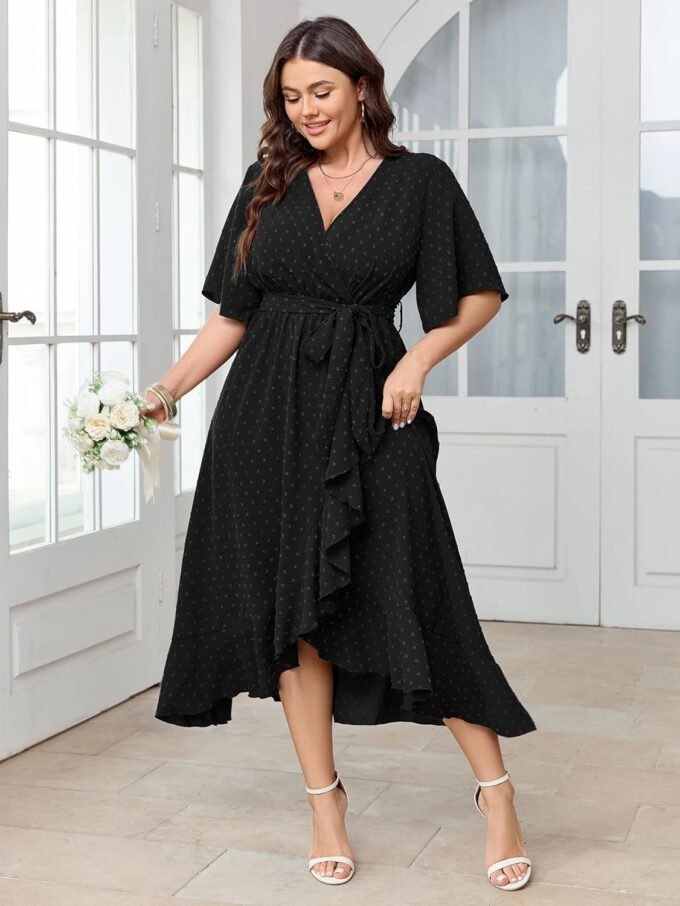 SCOMCHIC Women's Plus Size Summer Dresses Short Sleeve Wrap V Neck Swiss Dot Boho High Low Split Ruffle Maxi Dress – Bild 4