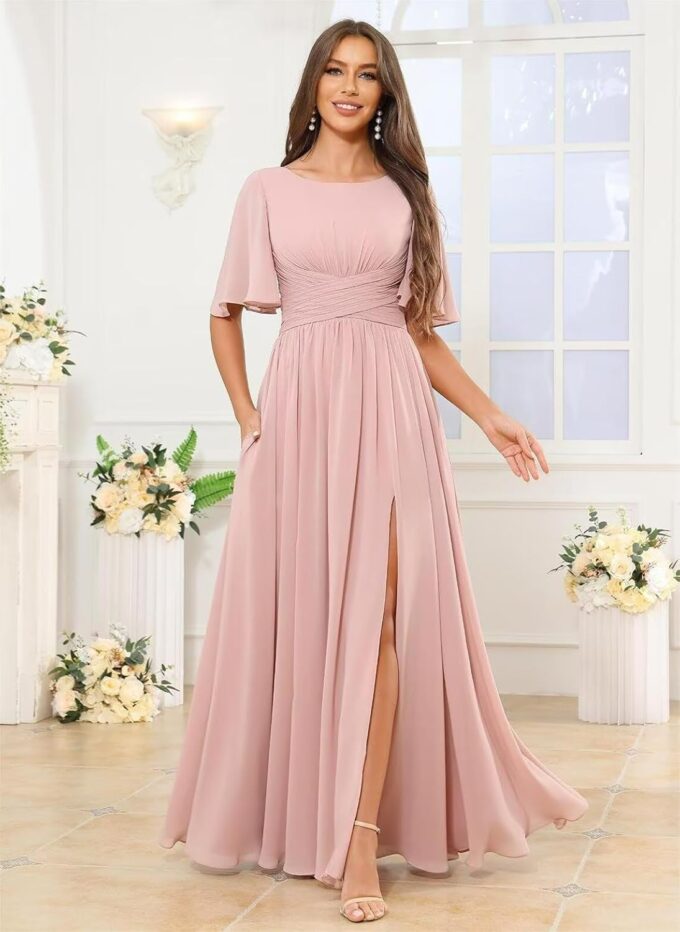 Women's Chiffon Bridesmaid Dresses with Slit Scoop Neck Flutter Sleeve Formal Wedding Guest Dress with Pockets – Bild 5