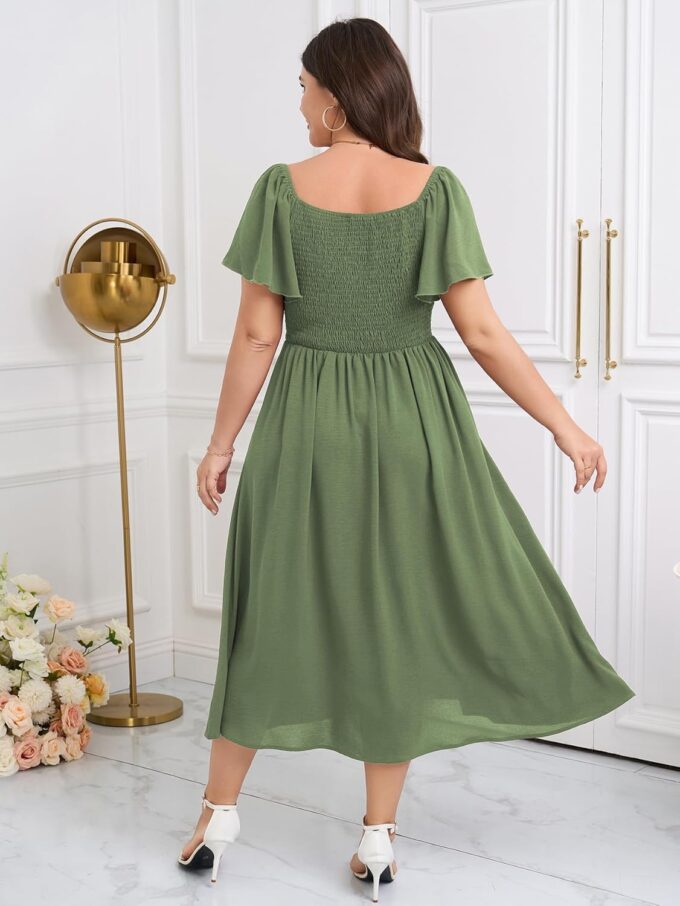 Womens Plus Size Dress Square Neck Smocked Button Down Tie Front Split A-Line Maxi Long Dresses – Bild 6