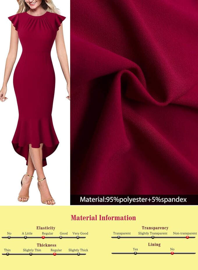 VFSHOW Womens Ruffle Sleeve Pleated Crew Neck Cocktail Party High Low Mermaid Midi Dress – Bild 6