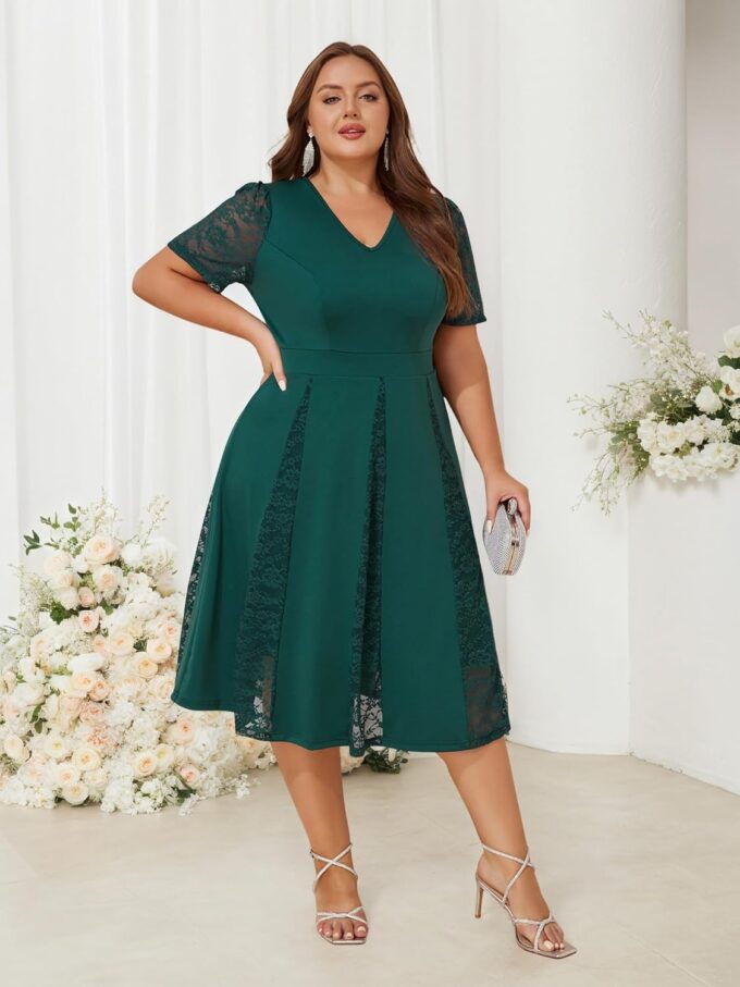 ZNU Women’s Plus Size Wedding Guests Dresses for Formal Lace Short Sleeve V-Neck Cocktail Evening Party Dress Midi Dress – Bild 4