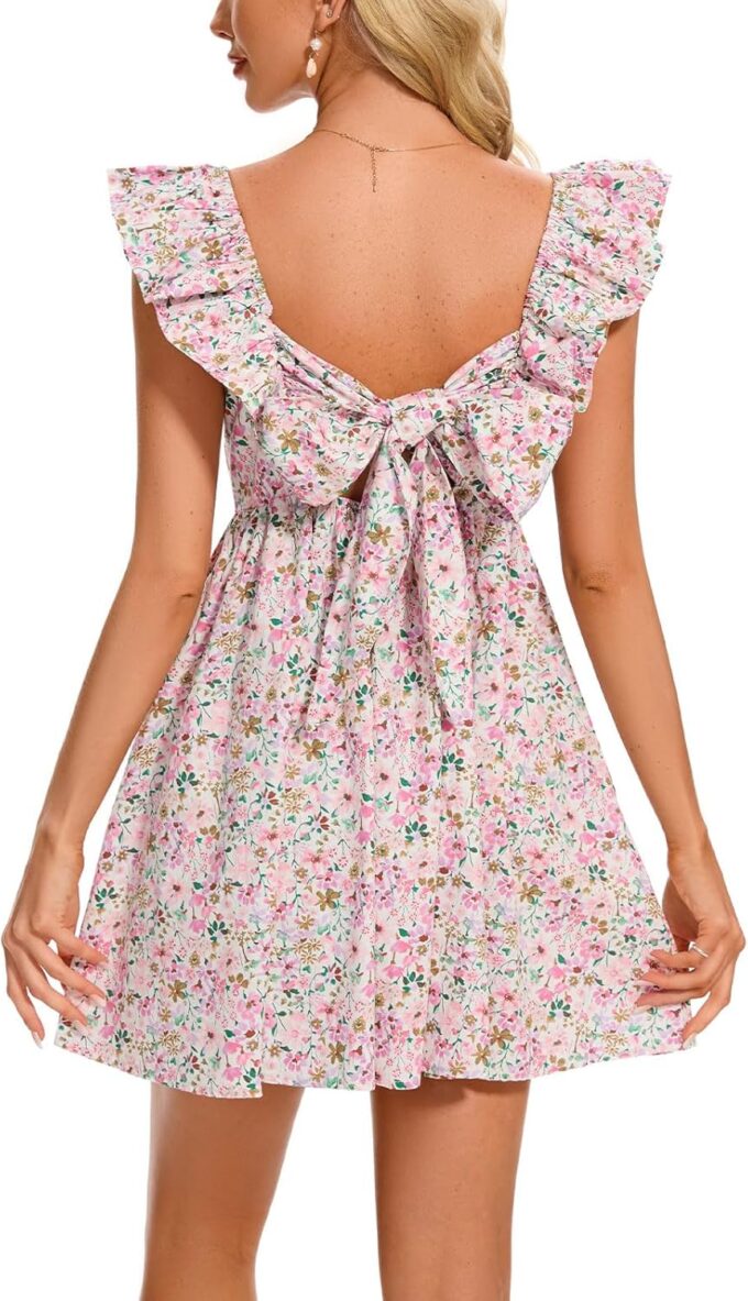 hibshaby Women's Floral Mini Dress V Neck Puff Sleeve Dress Short Babydoll Dress Sun Dress – Bild 3