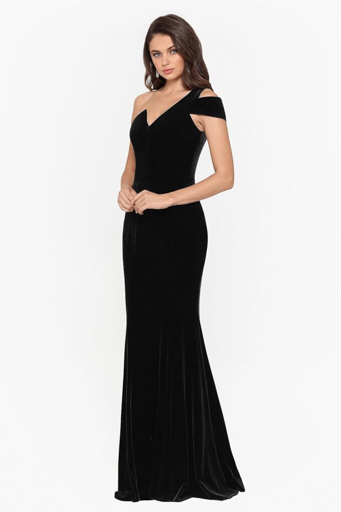 Betsy & Adam Women's Long Velvet Sleeveless One Cold Shoulder Stretch Sheath Gown – Bild 3