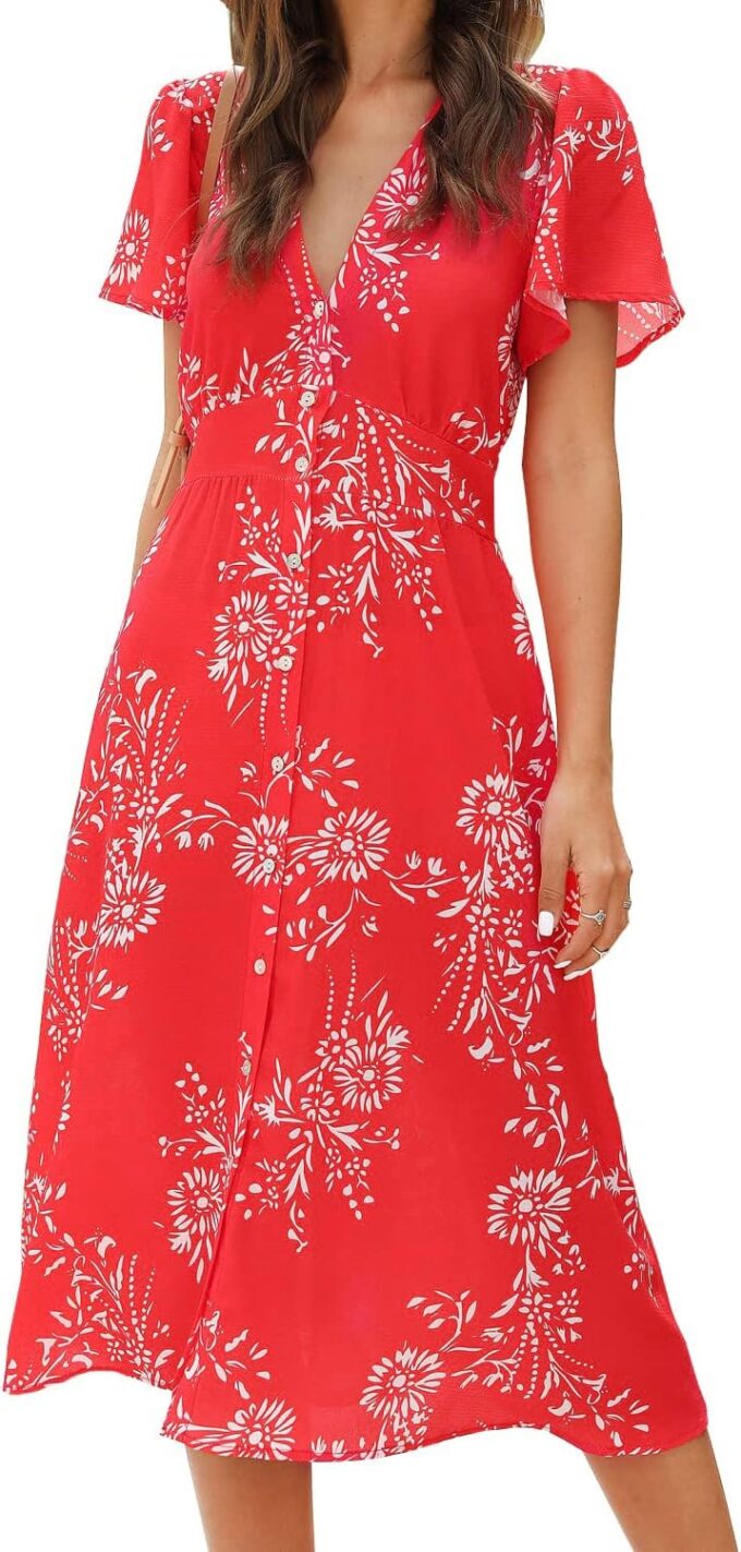 ROYLAMP Women's Floral Button Up Split Dress Deep V Short Bell Sleeve Casual Midi Dress with Pockets