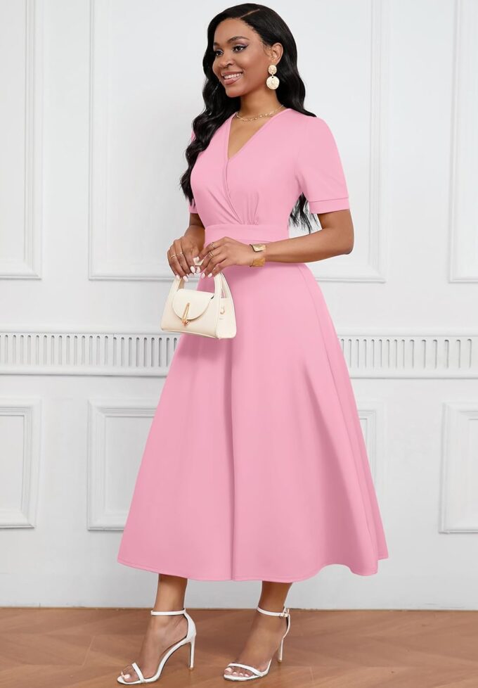 Womens Midi Dresses V Neck Cocktail Church Tea Dresses Short Sleeve A-Line Swing Dresses – Bild 5