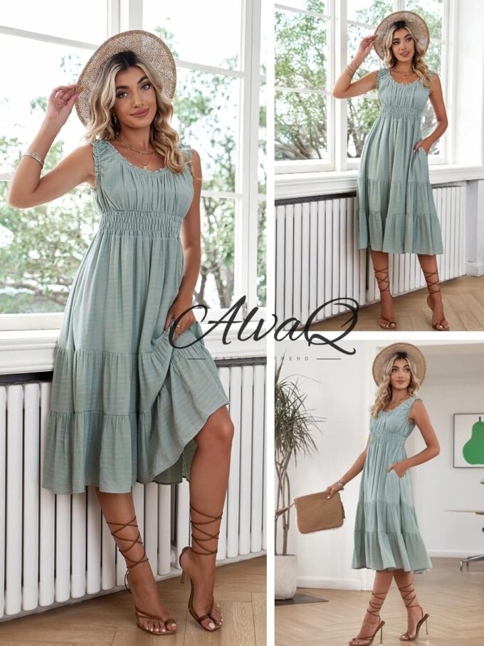 AlvaQ Women Summer Dresses Sleeveless Smocked Midi Dress High Waist Casual Tiered A Line Sundress with Pockets – Bild 3