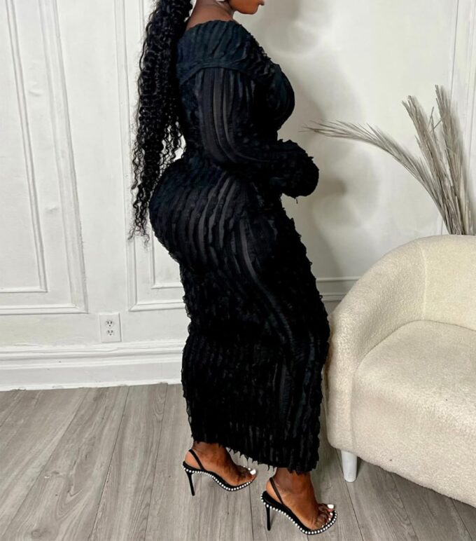 Womens Sexy Off Shoulder Maxi Dress Pleated See Through Flare Sleeve Button Down Slit Bodycon Long Dresses – Bild 5