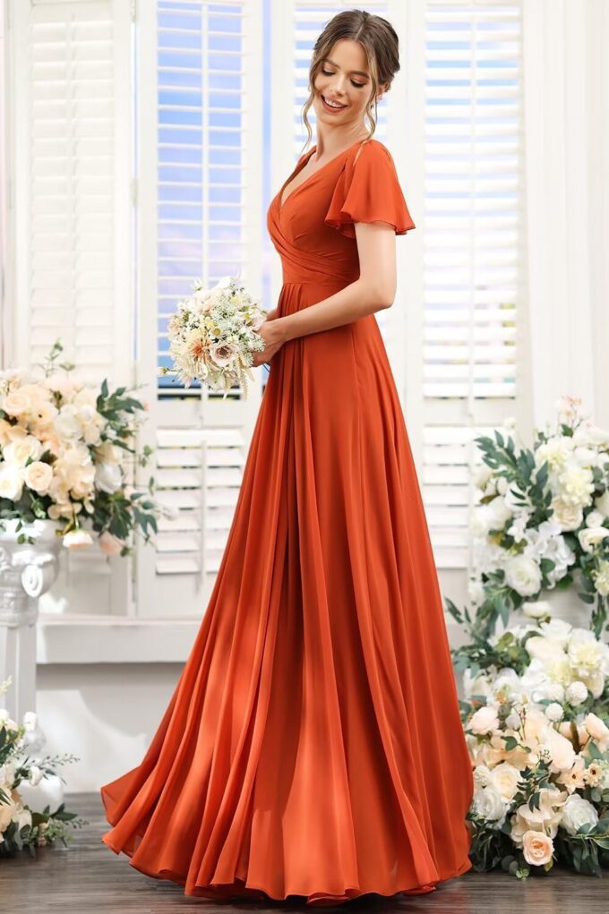 SEIM Women's Flutter Sleeve Bridesmaid Dresses Long with Slit V Neck Chiffon Formal Dresses SE036 – Bild 4