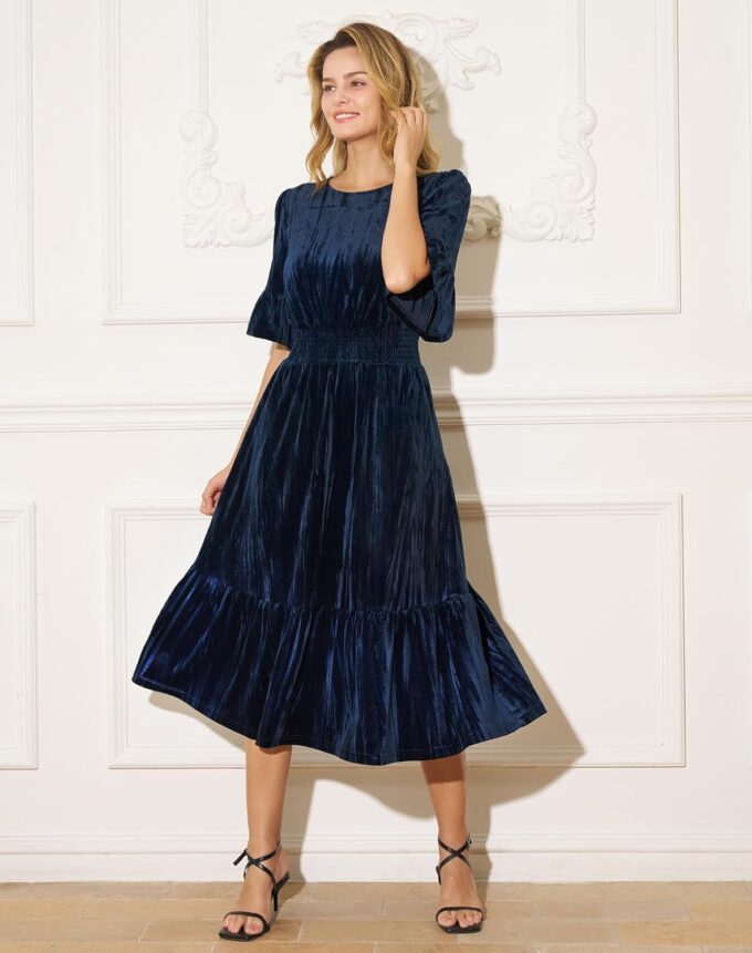 Women's Tiered Velvet Midi Dress Fall Winter Smocked High Waist Dress with Pockets Cocktail Evening Party Formal Dress – Bild 2