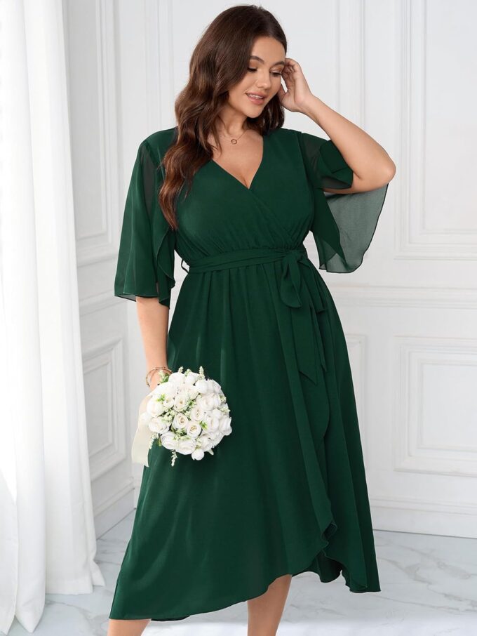 Womens Plus Size Wedding Guest Cocktail Dress Wrap V Neck Flutter Sleeve High Low Hem A-Line Midi Dresses – Bild 4