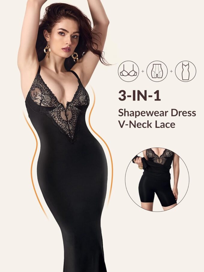 Women's Summer Built-in Bra and Shapewear Bodycon Sexy Maxi Dress with Lace Deep V-Neck and Spaghetti Straps – Bild 3