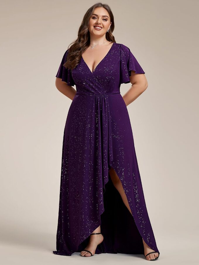 Ever-Pretty Women's Glitter Stretchy V Neck A-line High Low Plus Size Formal Dresses with Ruffles Sleeves 01738-PH – Bild 4