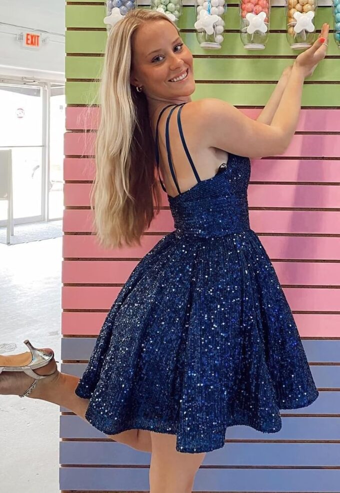 One Shoulder Short Sequin Homecoming Dresses for Teens 2024 Sparkly HOCO Prom Dress with Pockets – Bild 2