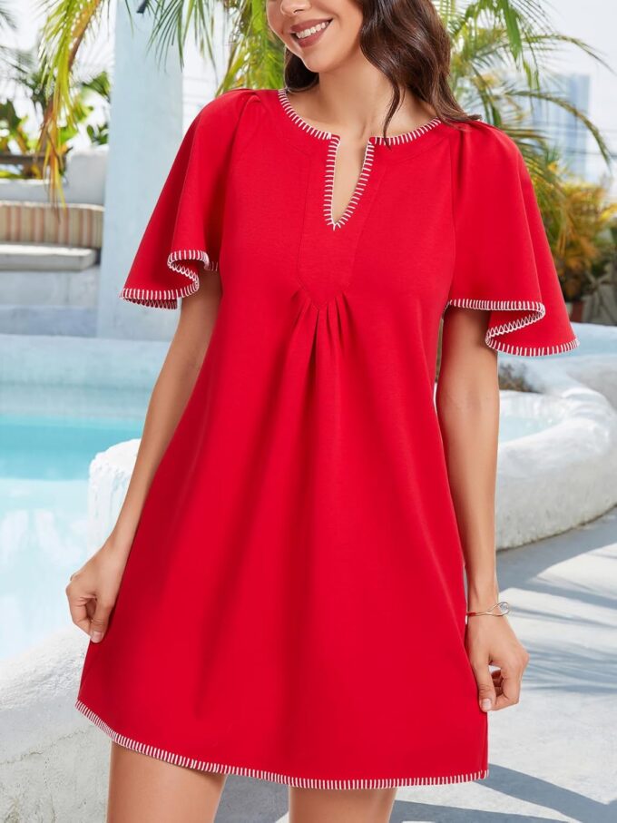 HOULENGS Women's Summer Ruffle Short Sleeve A Line Mini Dress Casual Contrast Trim V Neck Short Dress with Pockets – Bild 4