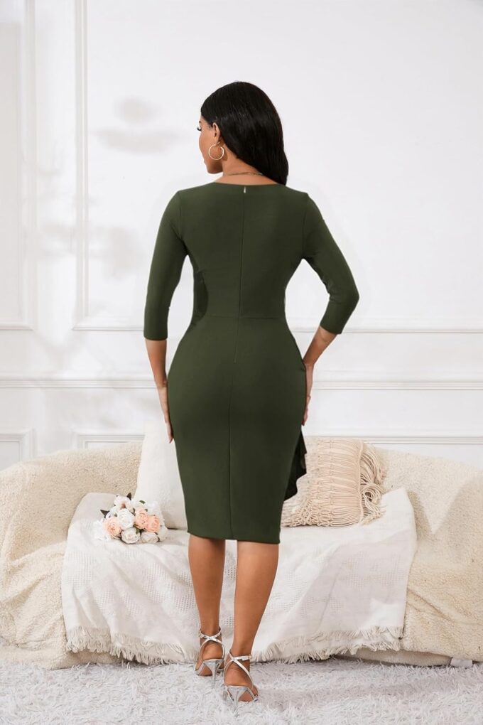 Womens 1950s Vintage Bodycon Dress 3/4 Sleeve Square Neck Cocktail Pencil Sheath Midi Dress Elegant – Bild 4
