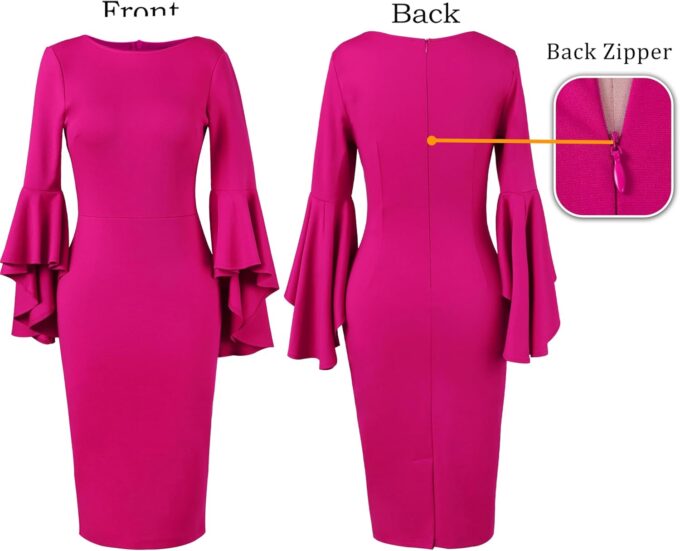 VFSHOW Womens Ruffle Bell Sleeves Business Cocktail Party Bodycon Pencil Sheath Dress – Bild 5