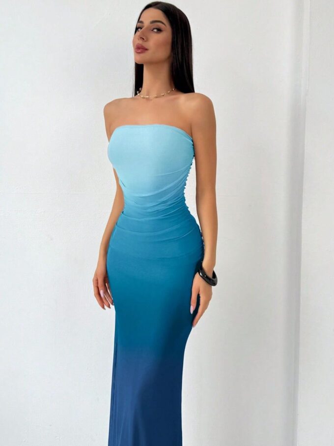 Women's Summer Dress Ombre Strapless Tube Gradient Bodycon Long Side Slit Mesh Layered – Bild 3