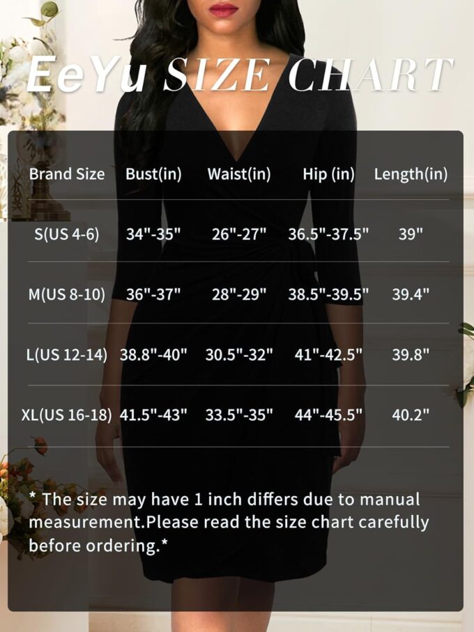 EeYu Damen Wickelkleid 2024 Trendy 3/4 Ärmel V-Ausschnitt Knielang Casual Bodycon Geraffte Ballkleider – Bild 7