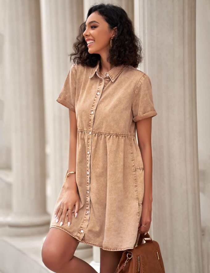 GRAPENT Denim Dress for Women Babydoll Tiered Short Sleeve Button Down Jean Shirt Dresses – Bild 3