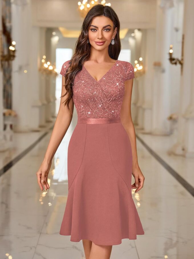 Miusol Women's Elegant V Neck Sequin Glitter Lace Ruffle Style Cocktail Prom Dress – Bild 4