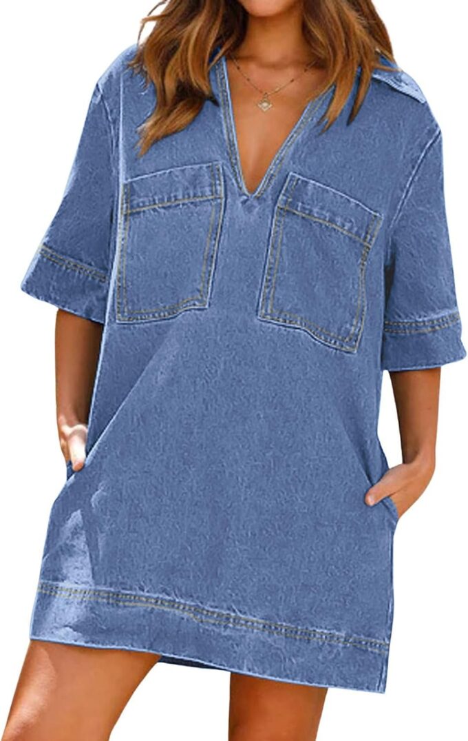 CHARTOU Women Loose Denim Dress Short Sleeve Casual Summer Dress Turn Down Pullover Vintage Tunic Jean Dress – Bild 2