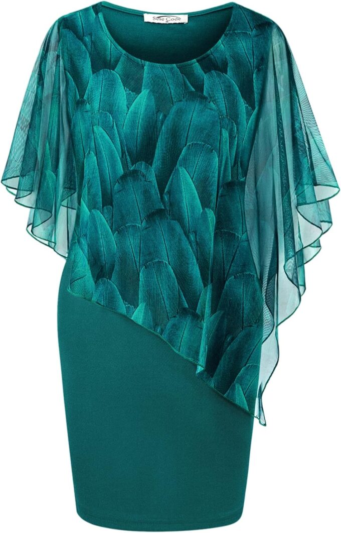 SeSe Code Women's Mesh Cape Overlay Bodycon Knee Length Pencil Dress for Wedding Guest