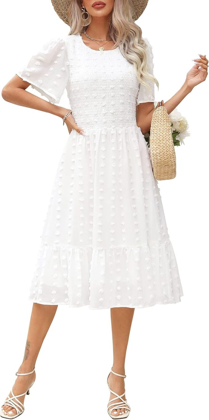 Kranda Women 2025 Summer Spring Round Neck Flutter Short Sleeve Casual Swing Flowy Ruffle Smocked Swiss Dot Midi Dress