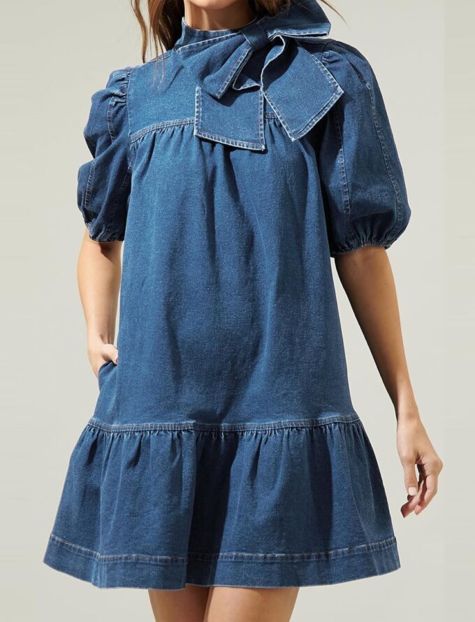Women Summer Puff Short Sleeve Denim Dress Mock Neck Babydoll Jean Dress with Bow – Bild 4
