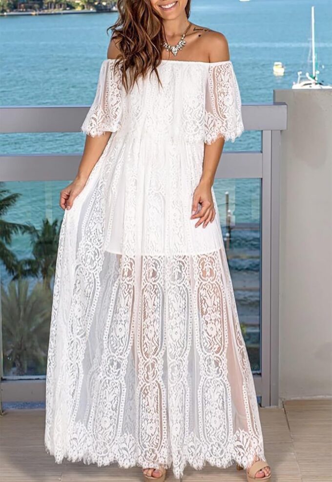 Cercis Womens Off The Shoulder Floral Lace Maxi Wedding Dress Boho Flowy Wedding Guest Formal Long Dresses – Bild 3