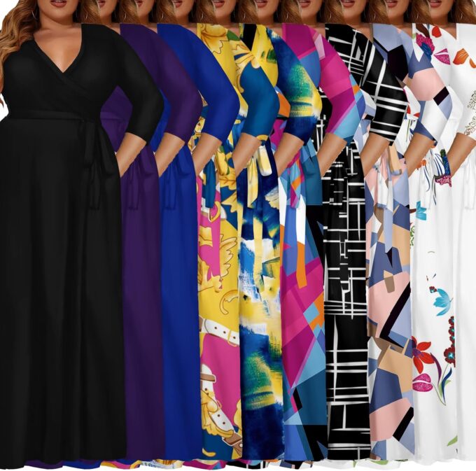 Plus Size Dress for Women - 3/4 Sleeve V-Neck Maxi Dress for Women with Belt and Pockets （2XL-6XL – Bild 5