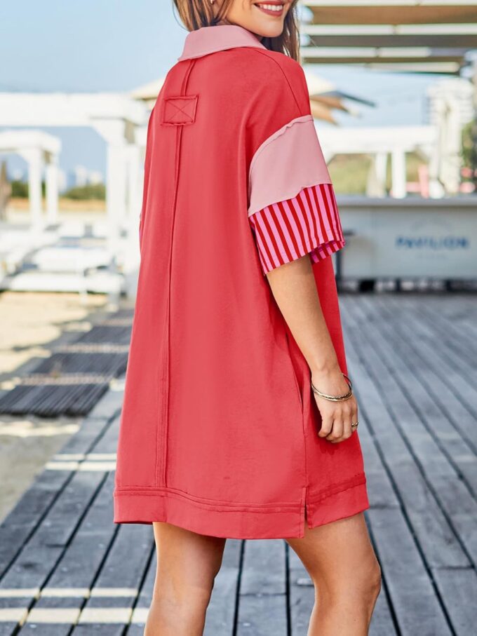 Wenrine Women's Polo V Neck T Shirt Dress Casual Summer Oversized Color Block Short Sleeve Sweatshirt Mini Dresses – Bild 4