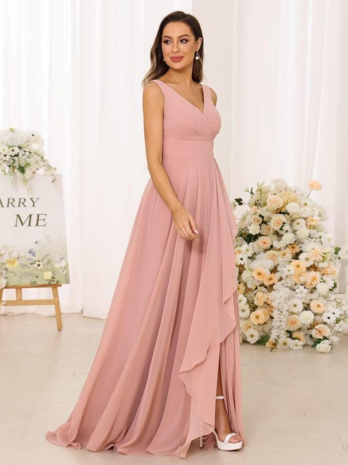 Women Chiffon Long Formal Wedding Guest Dresses with Pocket V Neck Sleeveless Ruched Maxi Bridesmaid Dress with Slit – Bild 4