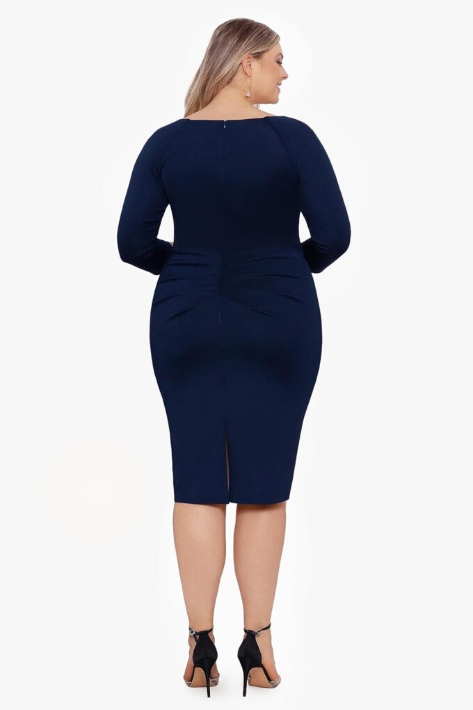 Xscape Women's Plus Size Midi V-Neck 3/4 Sleeve Side Ruched Dress – Bild 2