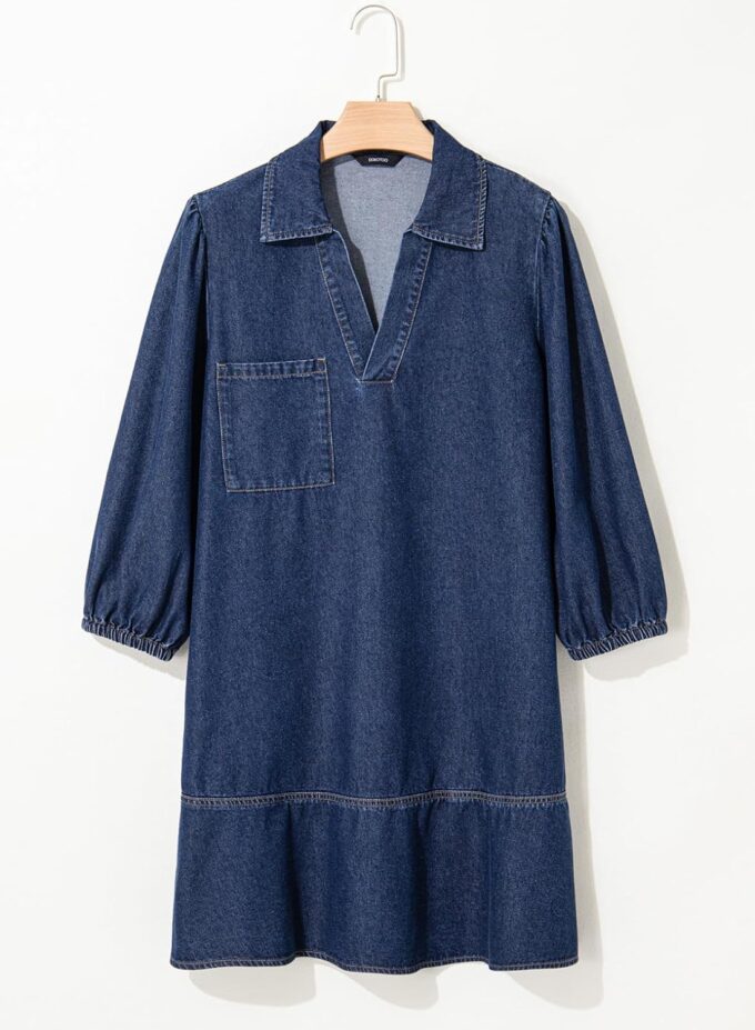 Dokotoo Denim Dress for Women Fashion Fall Casual Babydoll 2025 V Neck 3/4 Puff Sleeve Jean Dresses – Bild 4