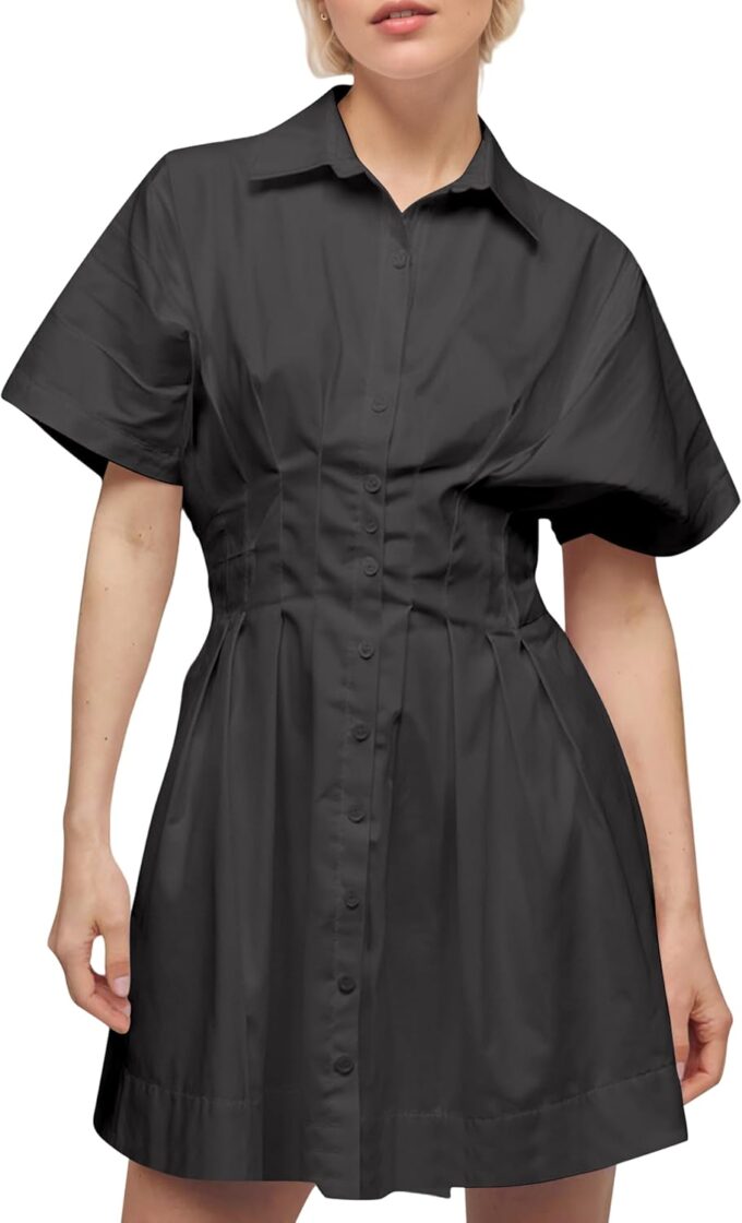 Women Button Front Pleated Shirt Dress Short Sleeve Pleated Blouse Mini Dress Summer Casual Short Dress Black