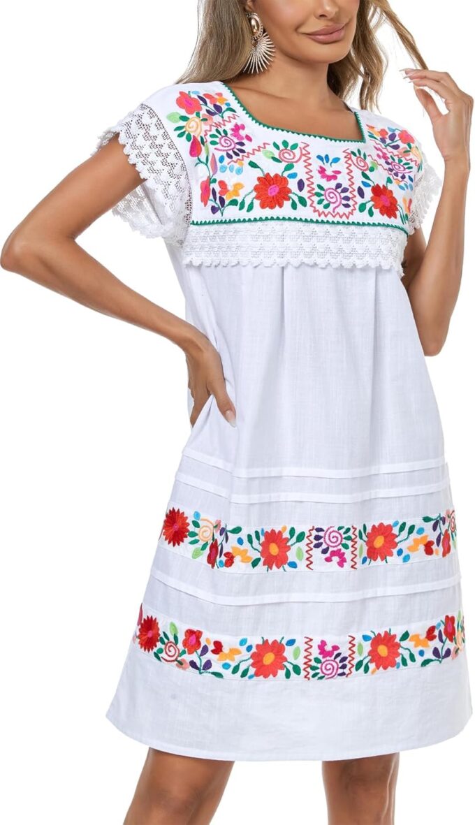 YZXDORWJ Women Embroidered Mexican Peasent Lace Short Sleeves Dress – Bild 5
