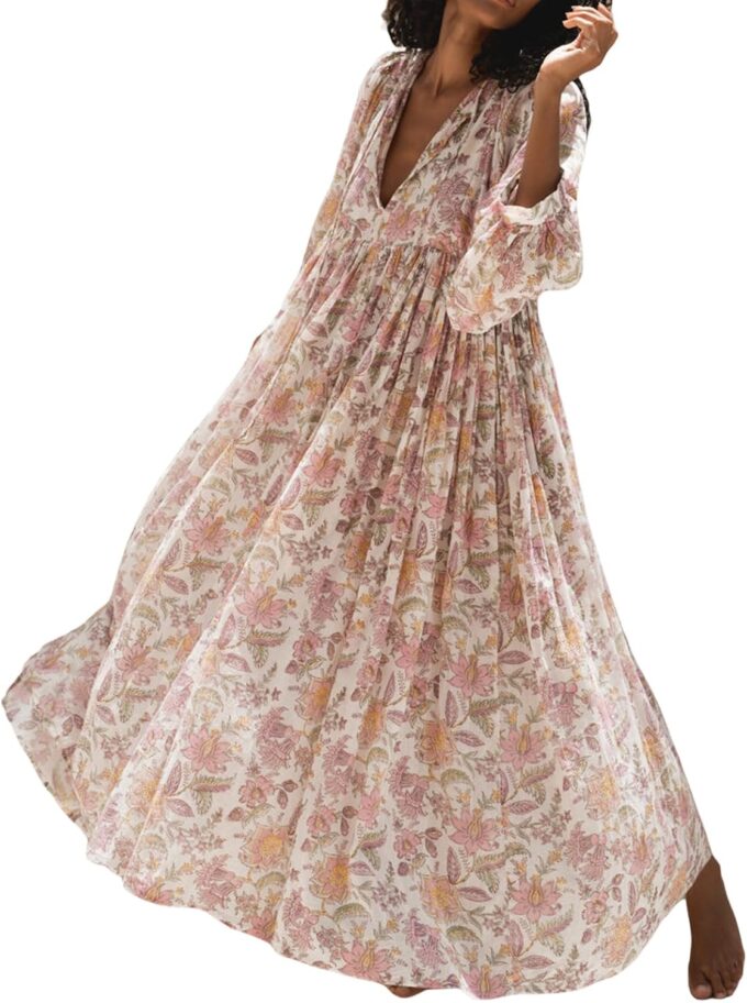 Women Floral Maxi Dress,y2k Boho Printed 3/4 Lantern Sleeve V Neck Dress Beach Loose Swing Sundress Clubwear