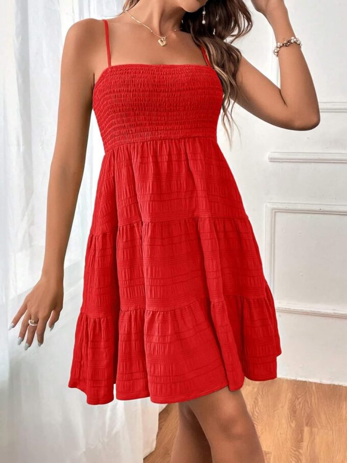 Womens Vacation Summer Casual A Line Swing Dress Ruched Bust Sleeveless Solid Ruffle Hem Cami Short Dress – Bild 6