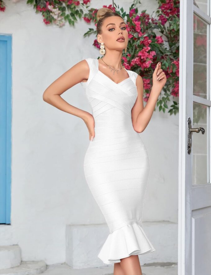 Shoulder Strap Sleeveless Fishtail Midi Bandage Dress for Women Bodycon Club Party Evening Dresses – Bild 5