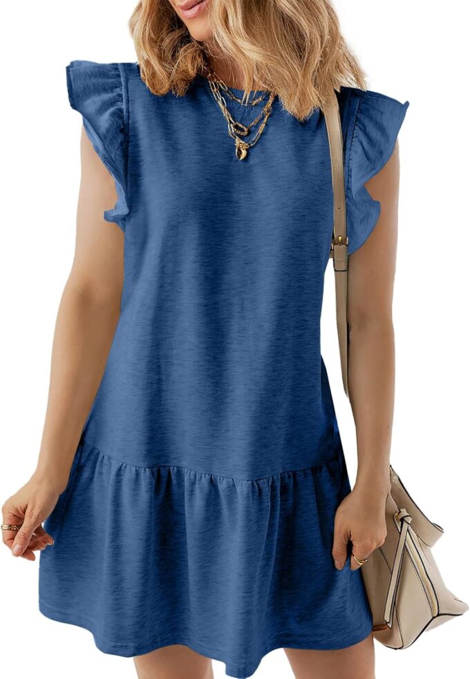Acelitt Womens Casual Summer Crewneck Babydoll Flowy Tiered Mini Dress, S-XXL