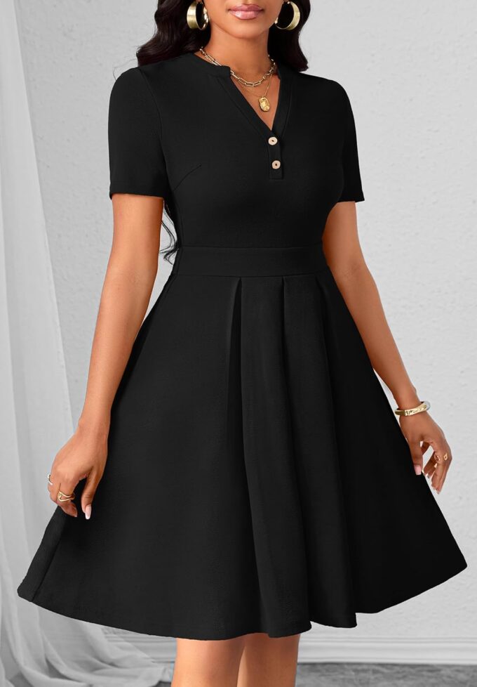 MarryUP Damen-Kleid, kurzärmelig, V-Ausschnitt, lässig, semi-formell, A-Linie, Arbeitskleid, Hochzeitsgäste, Cocktailkleider mit Taschen – Bild 3