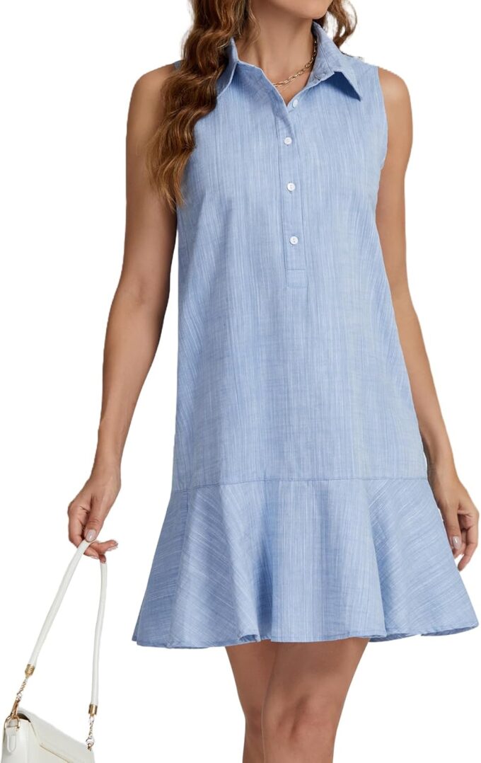Women‘s Sleeveless Shirt Dress Ruffle Hem Cotton Tunic Tank Dress Button Up Swing Shift Mini Dresses