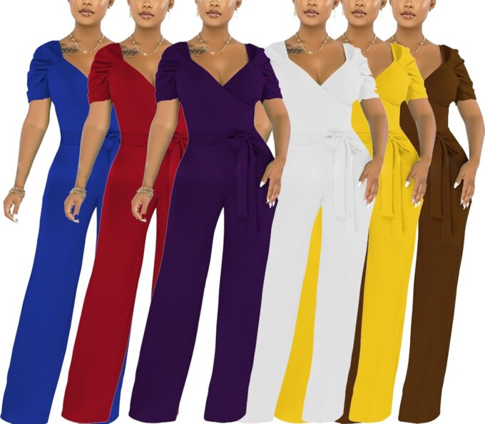 PaladMom Womens Elegant Plus Size Jumpsuits Sexy Back zipper Short Sleeve Mid Waist Wide Leg Straight Rompers – Bild 8