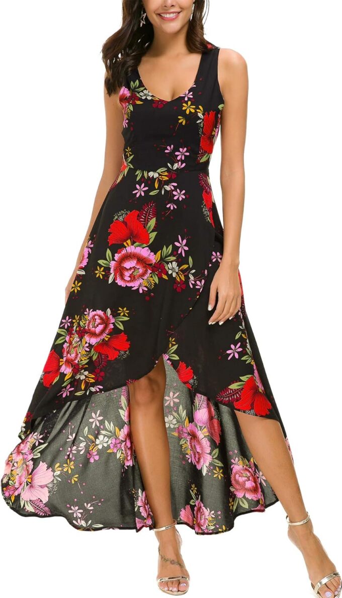 Kormei Womens Sleeveless Scoop Neck Floral High Low Split Party Long Maxi Dress
