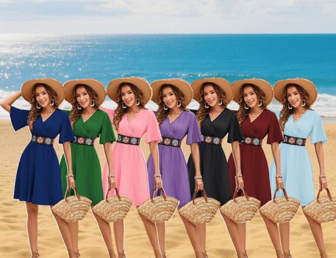 2025 Casual Short Summer Bohemian Dresses for Women Casual Flowy Puff Sleeve Knee Length Midi Sun Dress – Bild 6