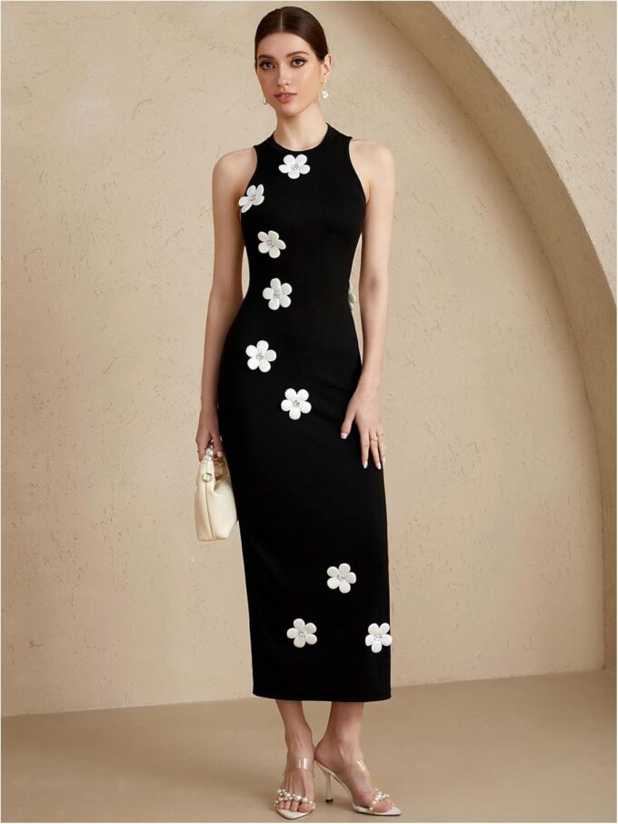 Women's 3D Floral Sleeveless Dress Crew Neck Cut Out Bodycon Going Out Maxi Dresses – Bild 5