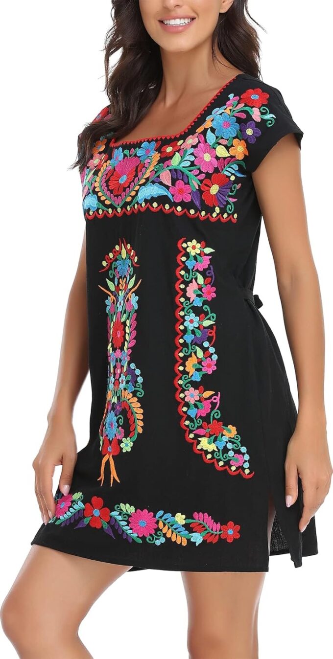YZXDORWJ Women Mexican Embroidered Dress Ruffle Collar Sleeveless – Bild 2