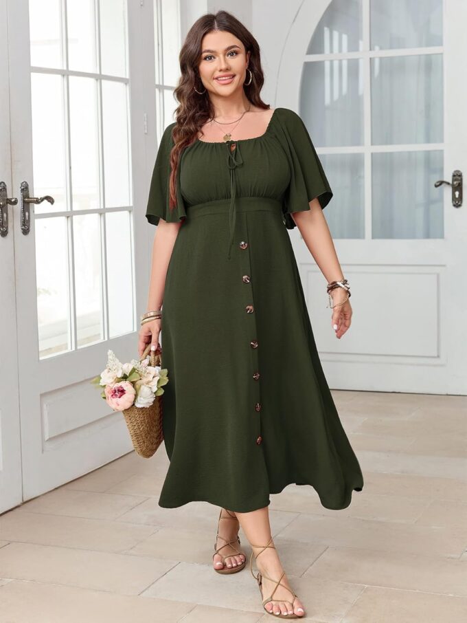 Plus Size Summer Dress Short Sleeve Square Neck Tie Front Smocked Button Down Flowy A-line Boho Maxi Long Dresses – Bild 6